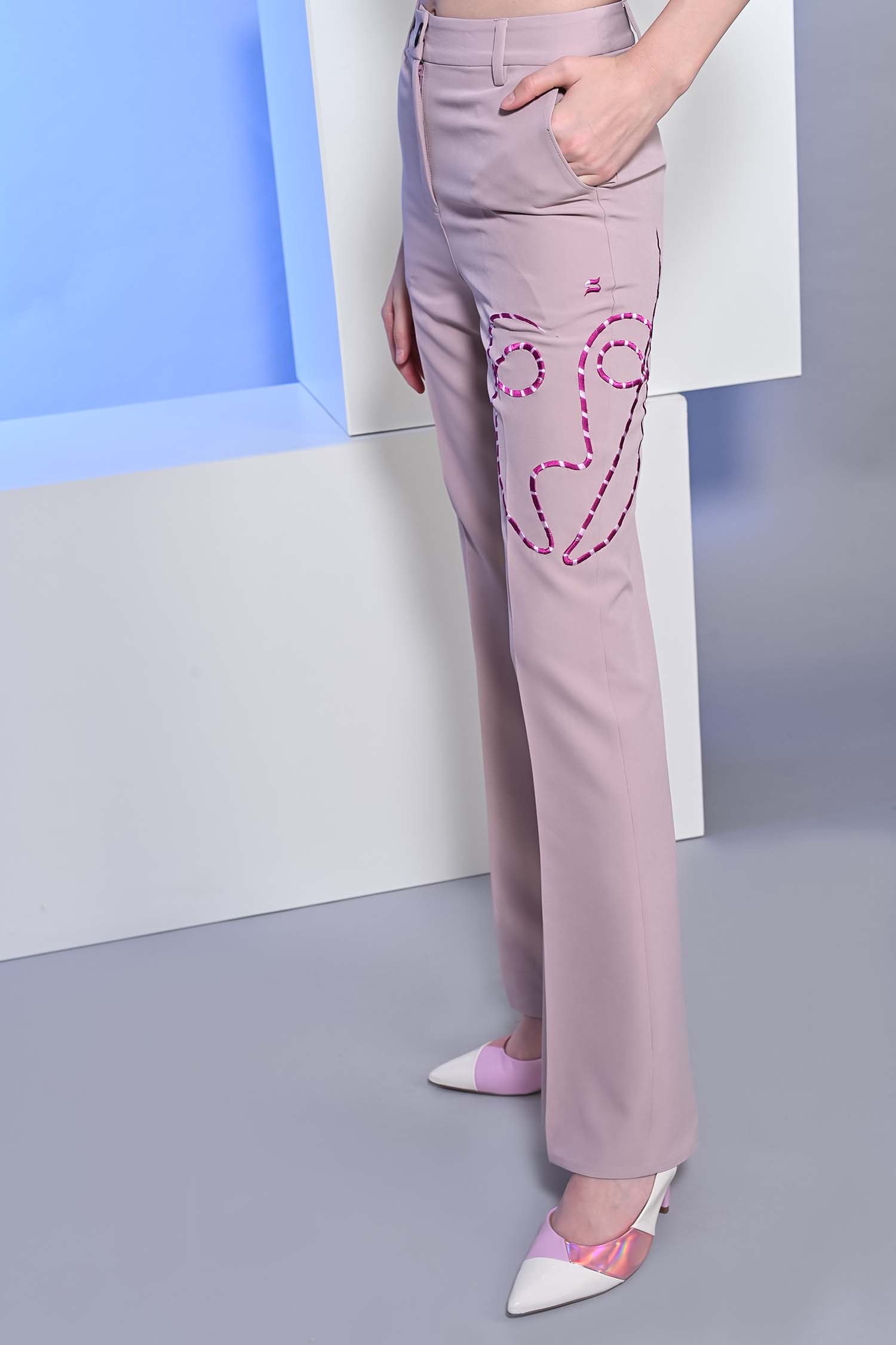Blossom Pink Embroidered Flared High Waist Trousers
