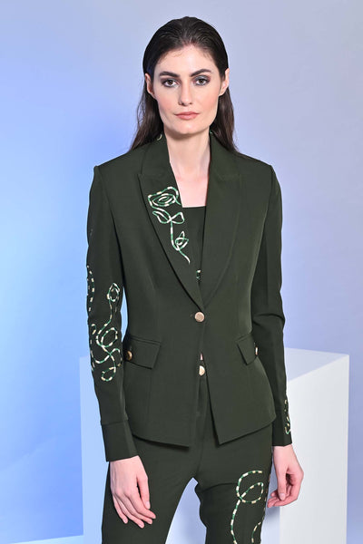 Juniper Green Embroidered Blazer With Crop Top And Slim Fit Pants