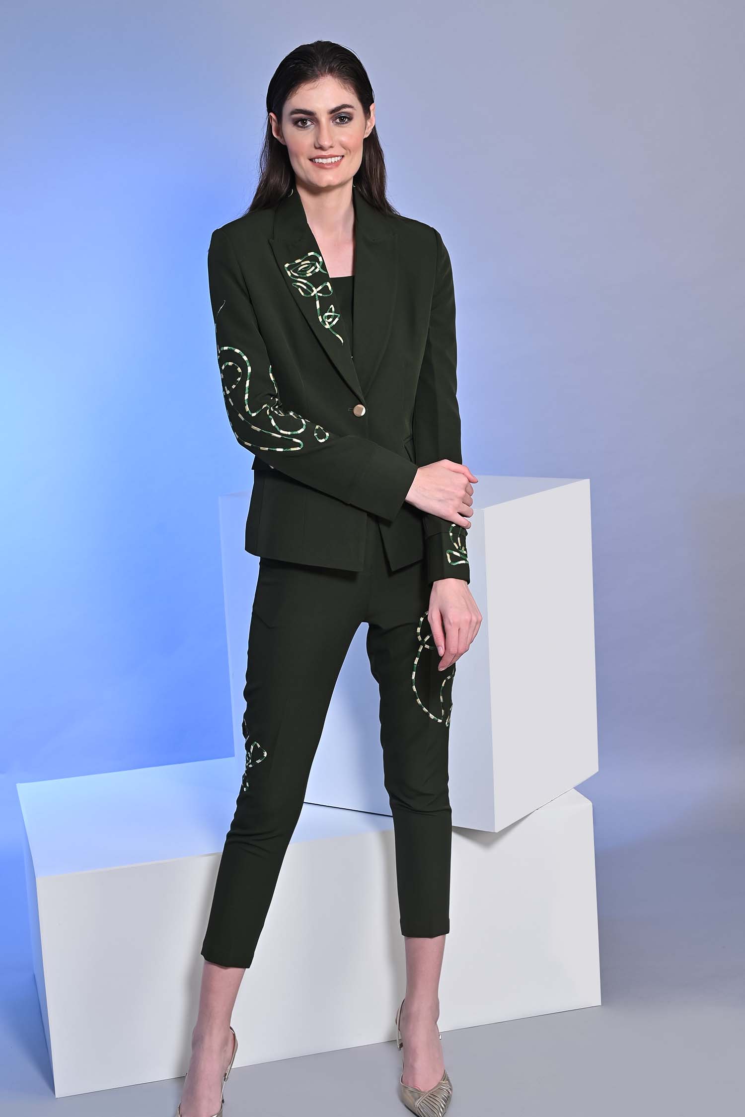 Juniper Green Embroidered Blazer With Crop Top And Slim Fit Pants