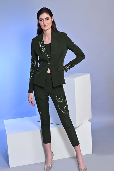 Juniper Green Embroidered Blazer With Crop Top And Slim Fit Pants