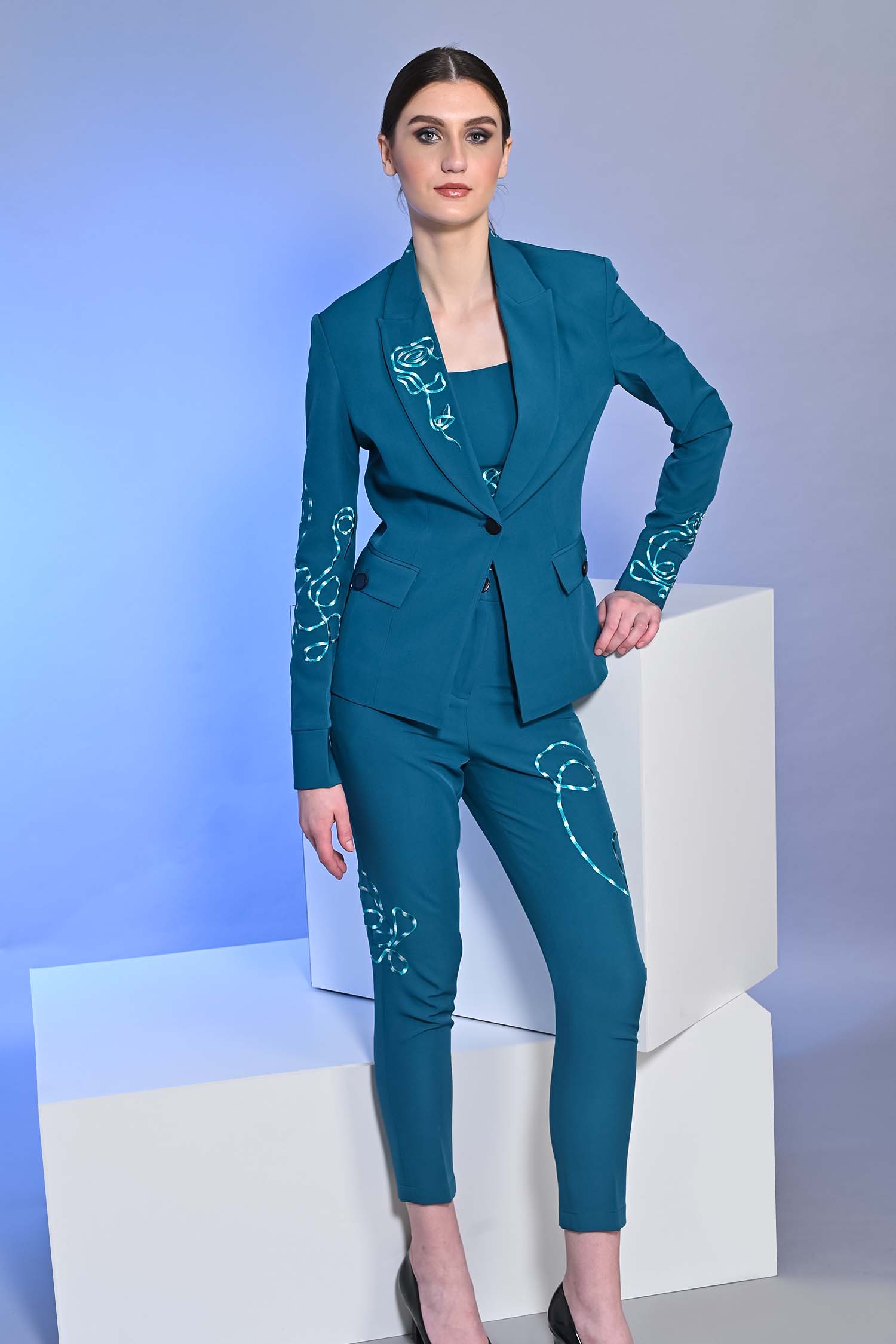 Teal Blue Embroidered Blazer With Crop Top And Slim Fit Pants