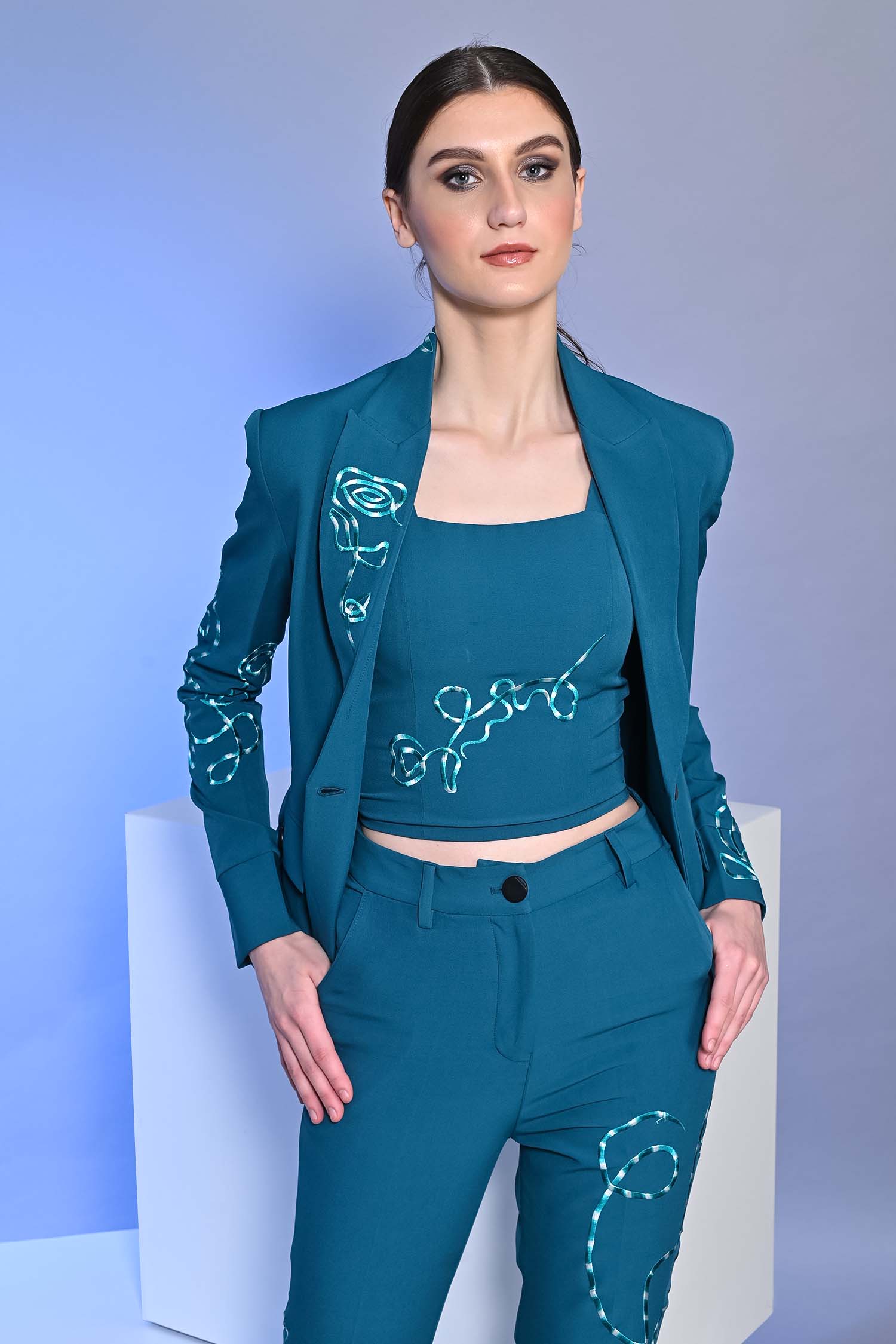 Teal Blue Embroidered Blazer With Crop Top And Flared Pants