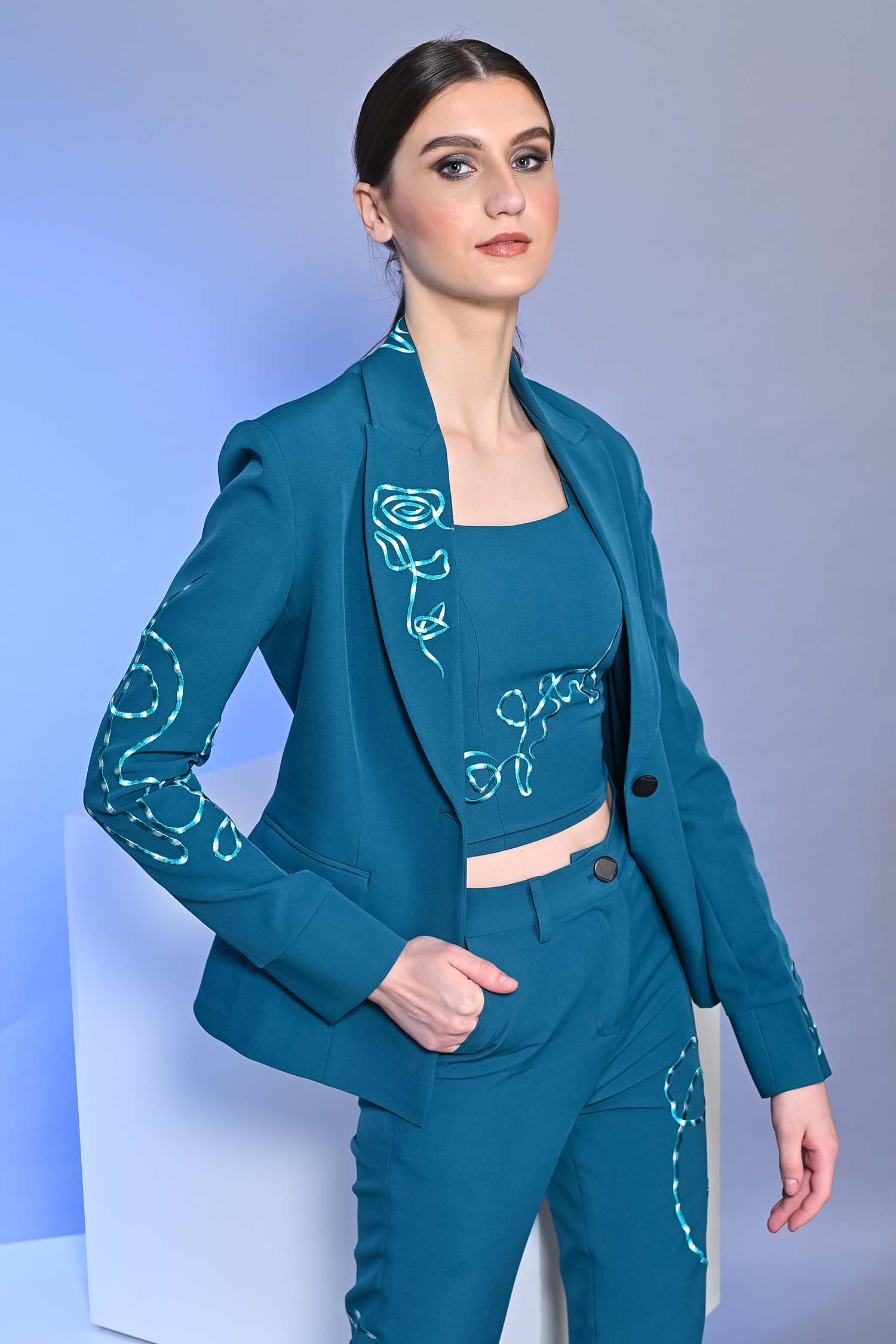 Teal Blue Embroidered Blazer With Crop Top And Flared Pants