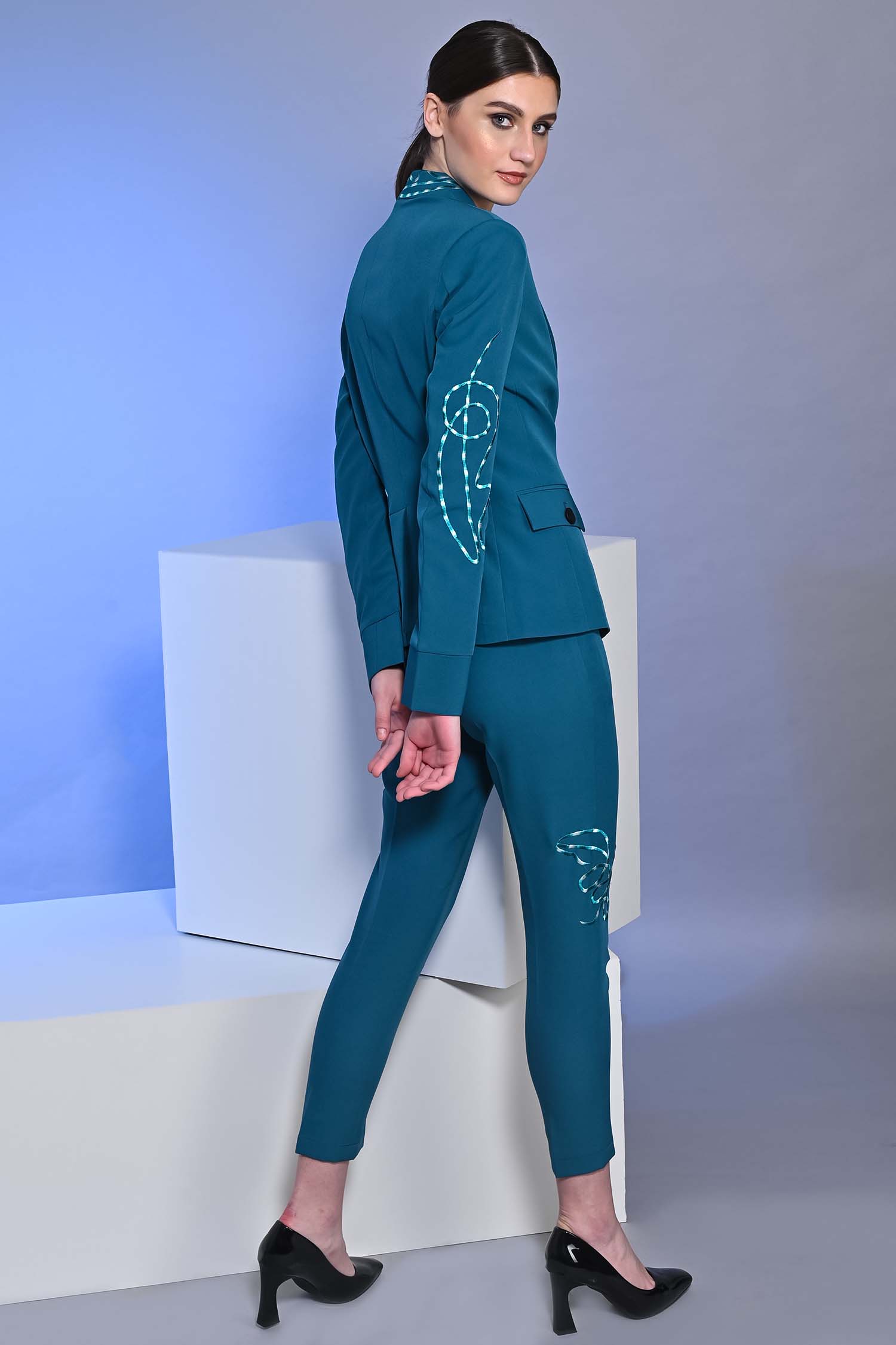 Teal Blue Embroidered Blazer With Crop Top And Slim Fit Pants
