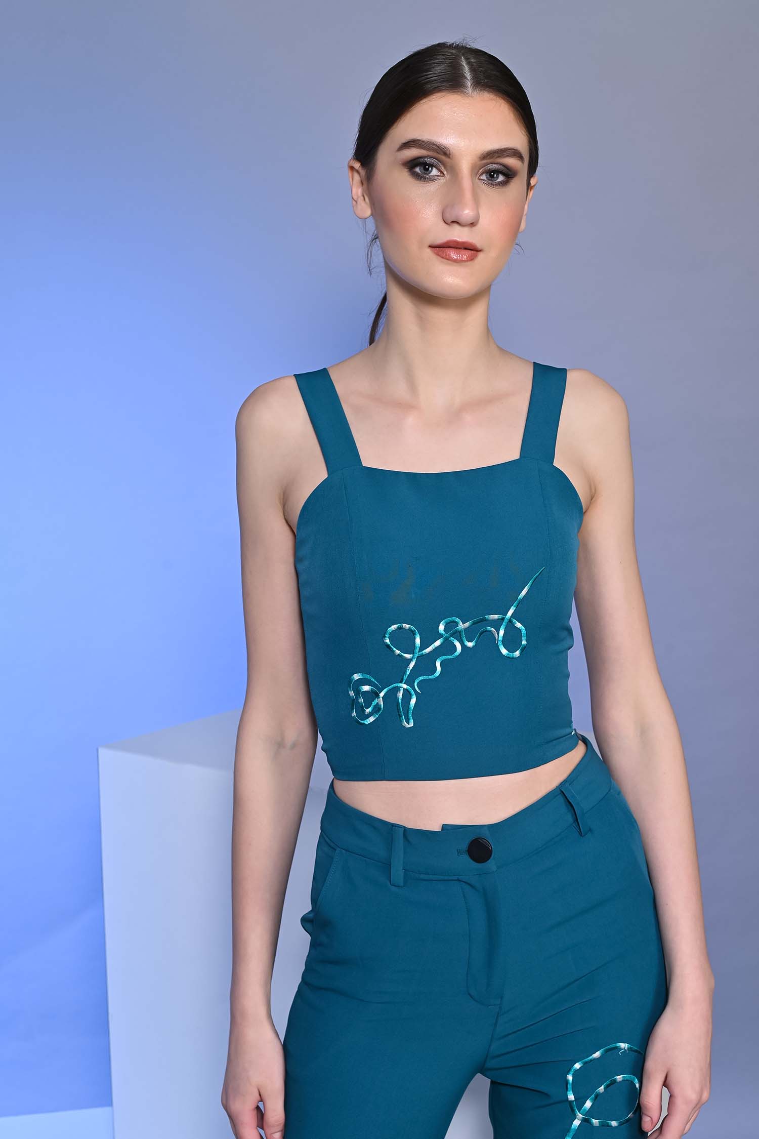 Teal Blue Embroidered Crop Top