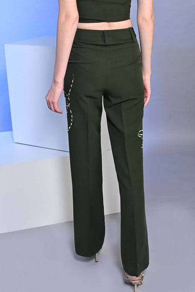 Juniper Green Embroidered Flared High Waist Trousers