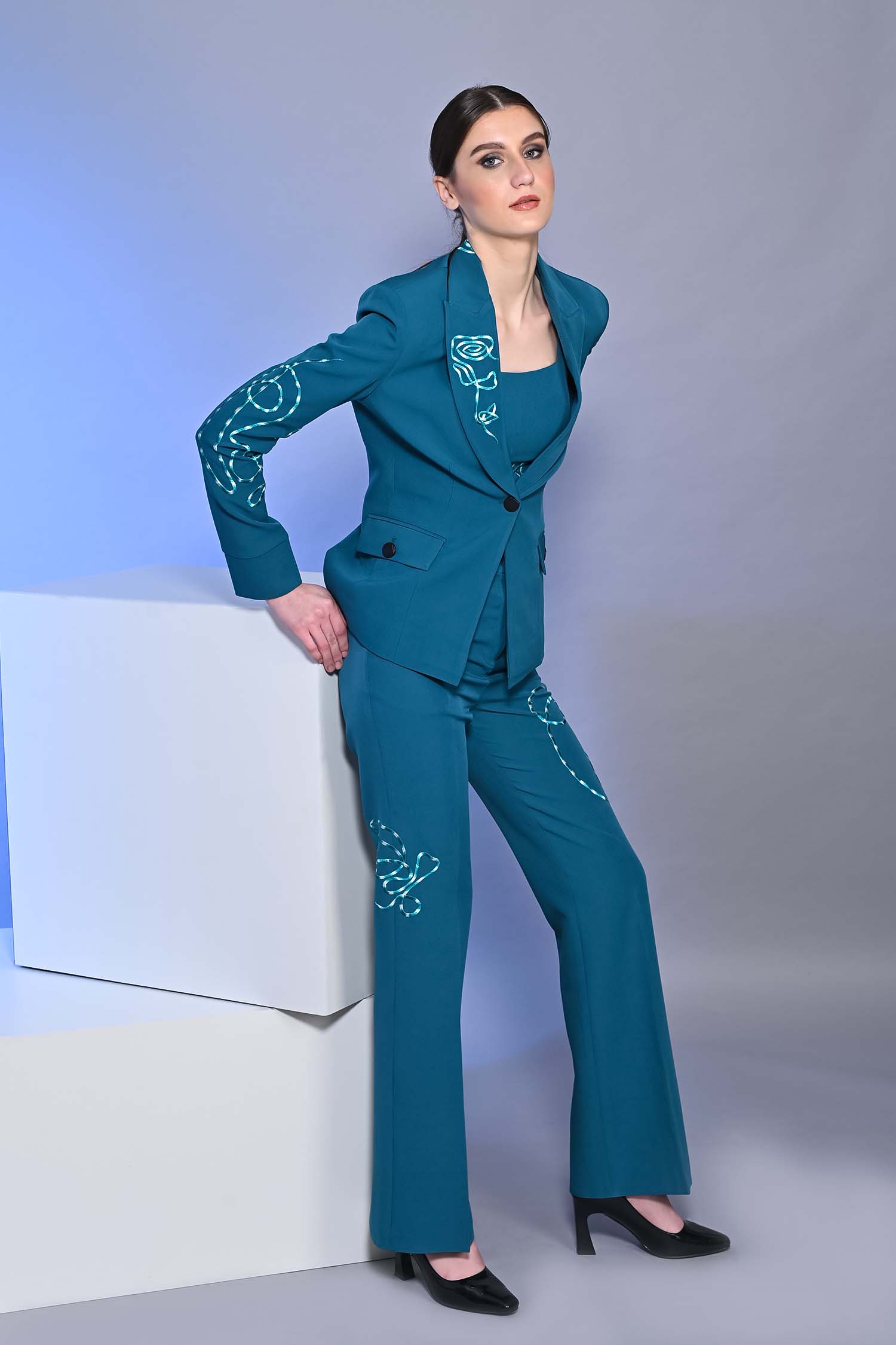 Teal Blue Embroidered Flared High Waist Trousers