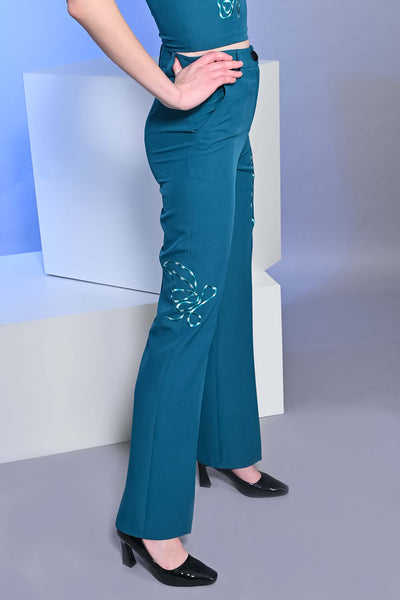 Teal Blue Embroidered Flared High Waist Trousers