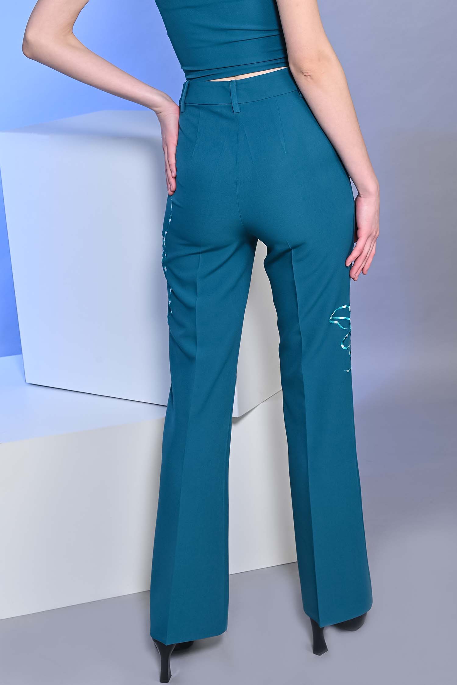 Teal Blue Embroidered Flared High Waist Trousers