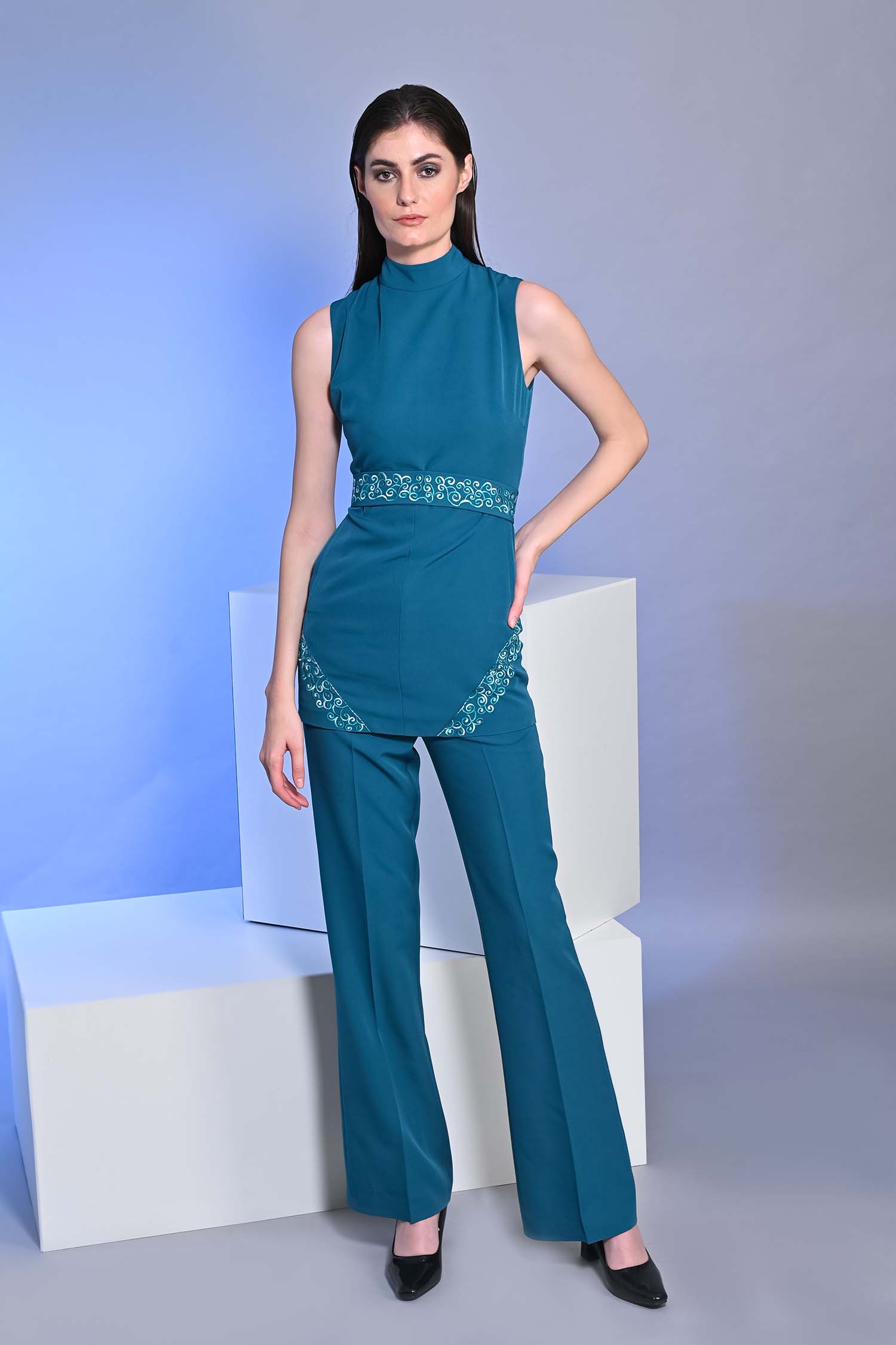 Long Embroidered Teal Blue Top