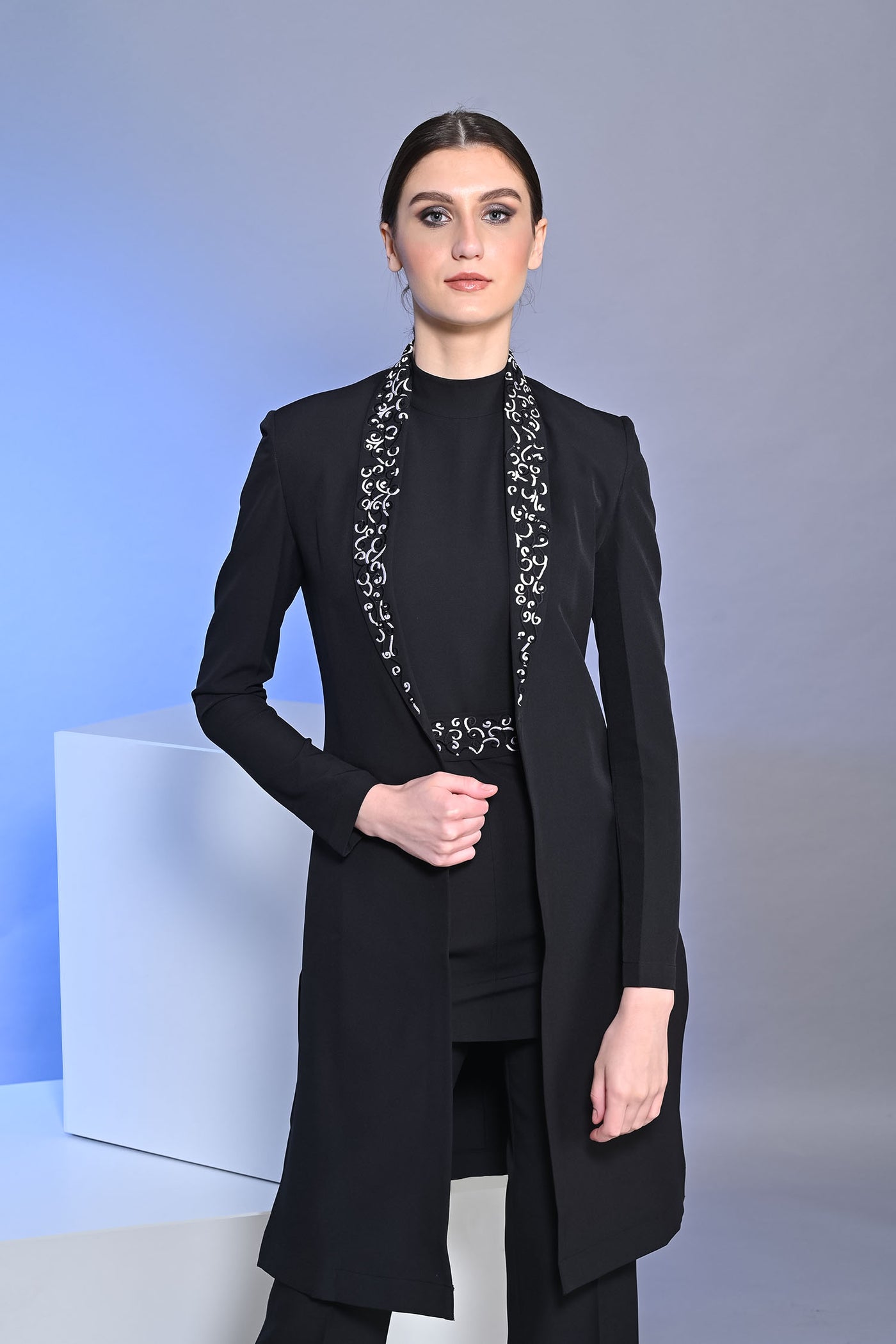 Lisha in Long Embroidered Black Slit Blazer With Top And Pants