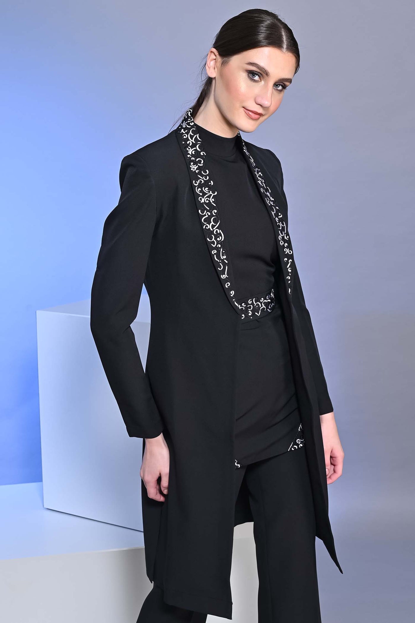 Lisha in Long Embroidered Black Slit Blazer With Top And Pants