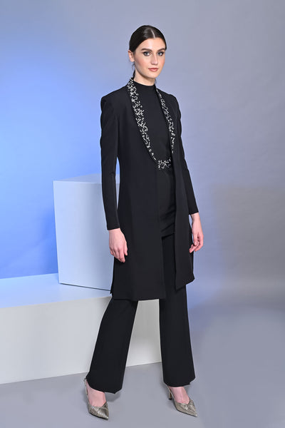 Lisha in Long Embroidered Black Slit Blazer With Top And Pants