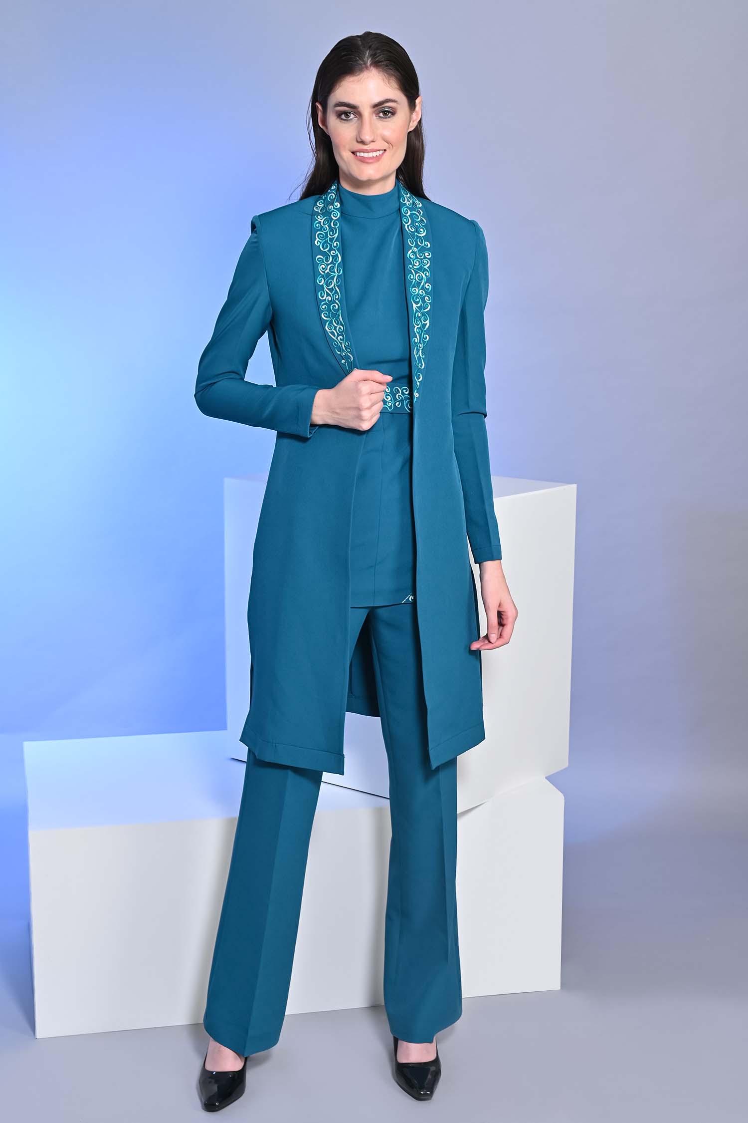 Long Embroidered Teal Blue Slit Blazer With Top And Pants