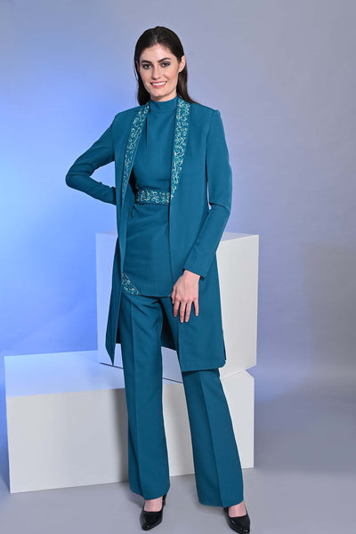 Long Embroidered Teal Blue Slit Blazer With Top And Pants