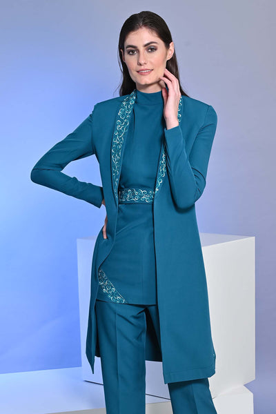 Long Embroidered Teal Blue Slit Blazer