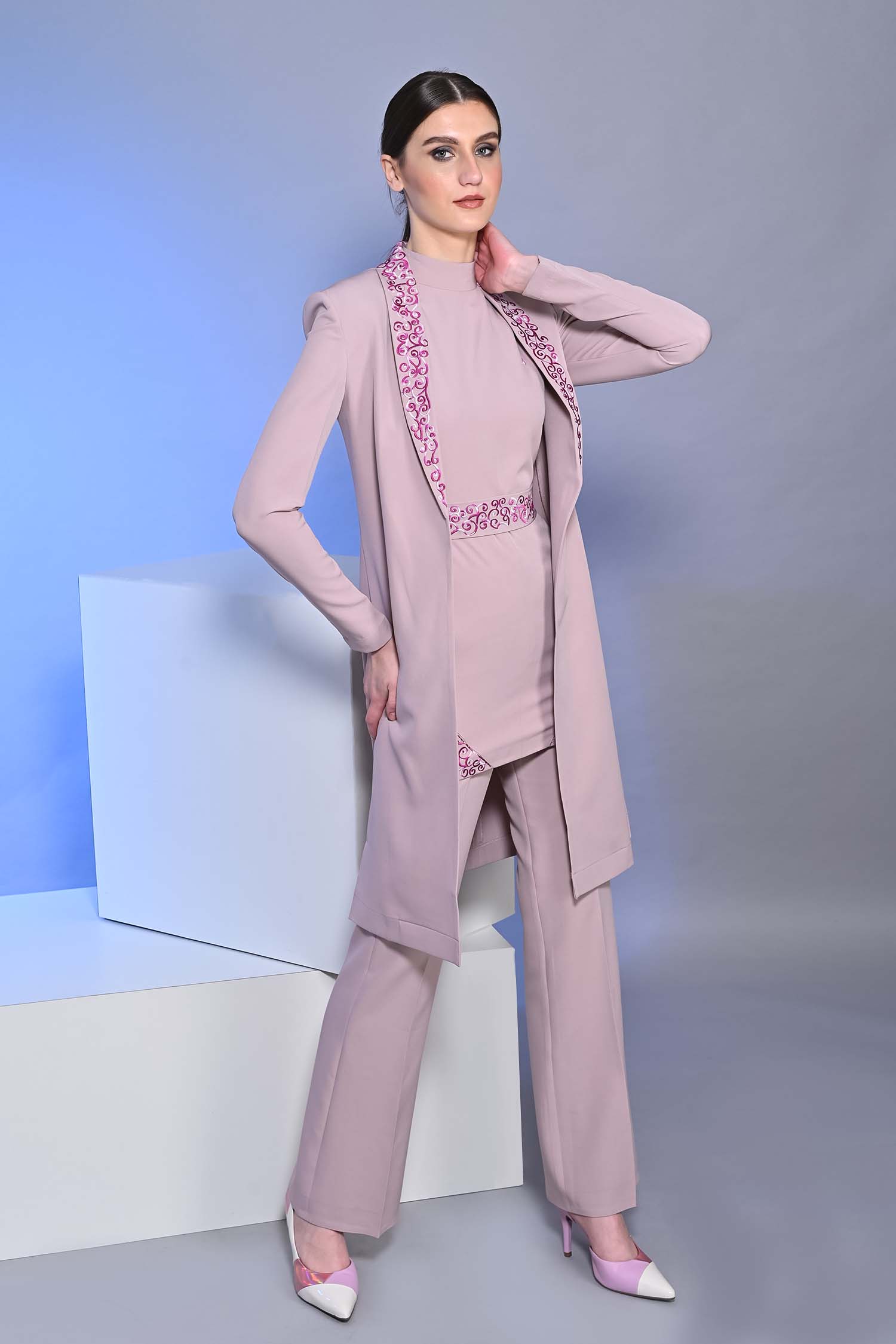 Long Embroidered Blossom Pink Slit Blazer With Top And Pants
