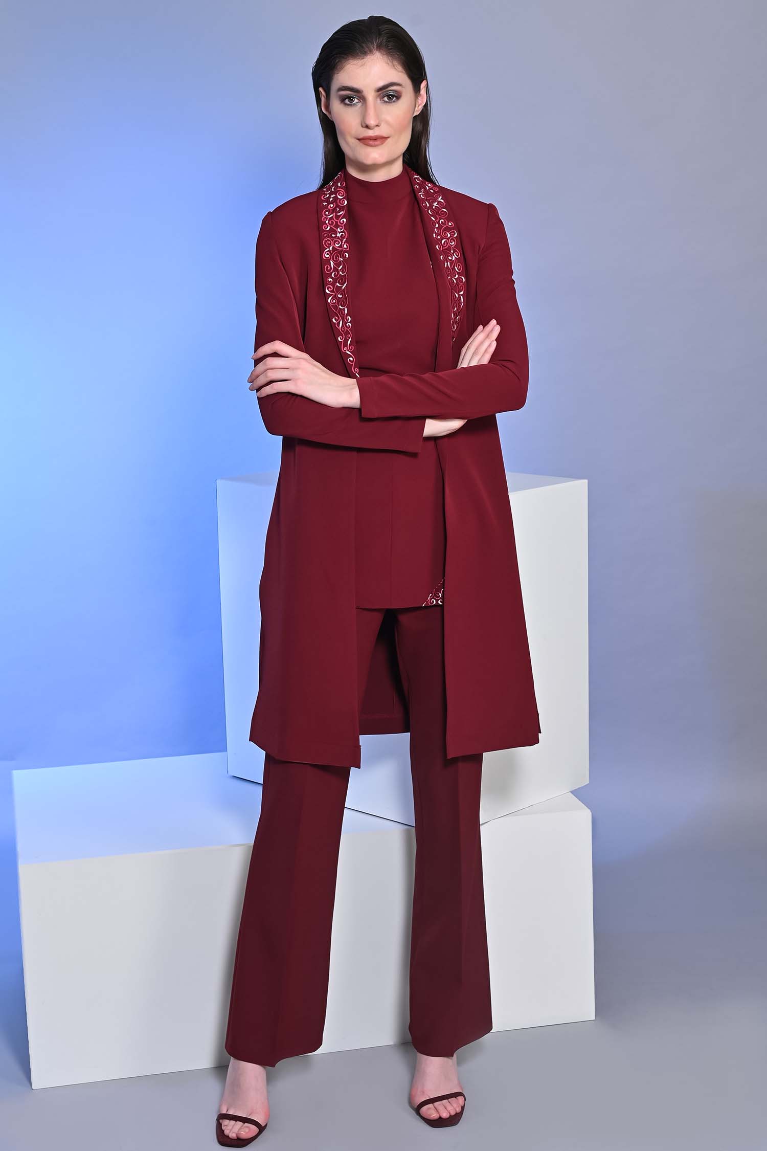 Long Embroidered Sanguine Slit Blazer With Top And Pants