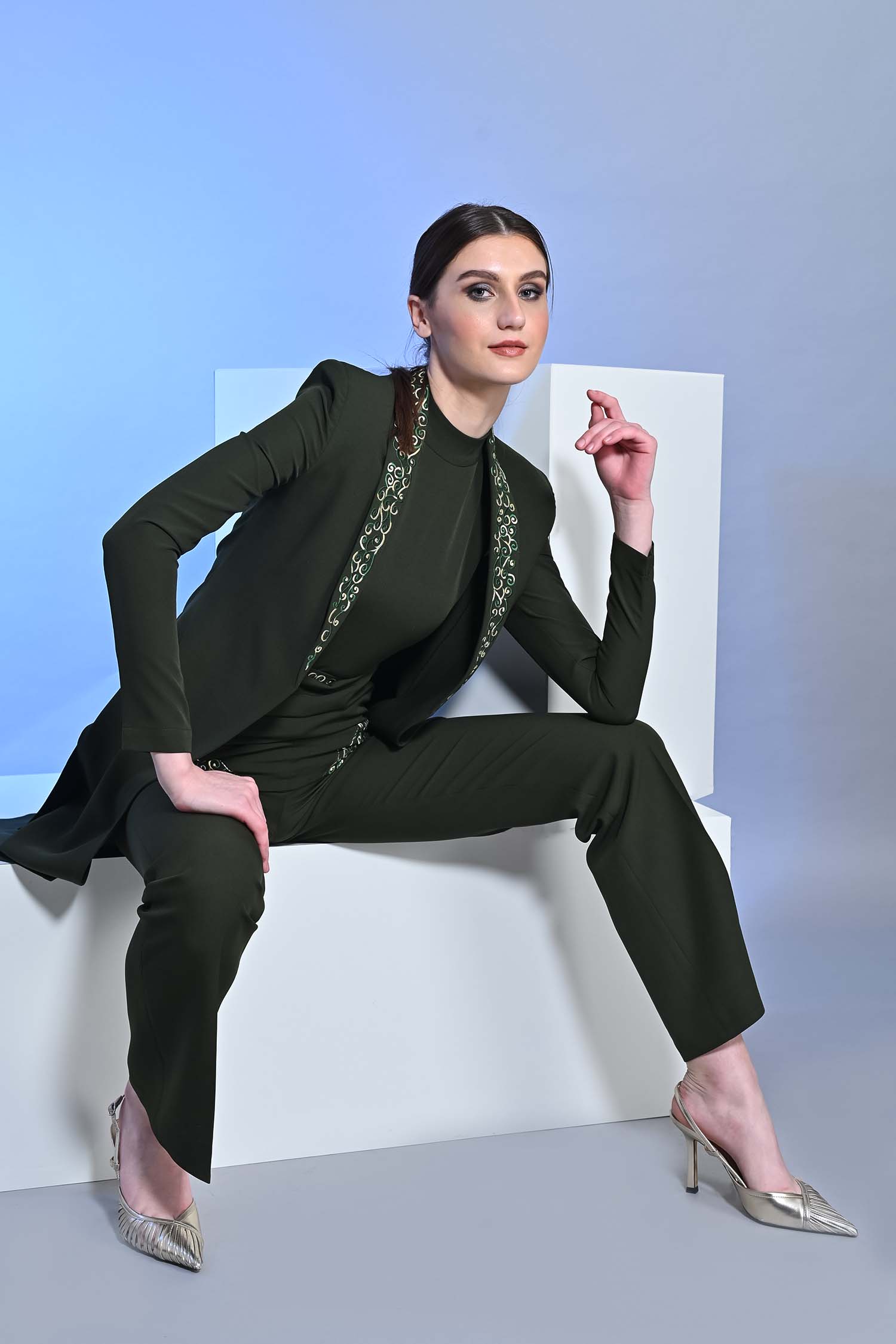 Long Embroidered Juniper Green Slit Blazer With Top And Pants