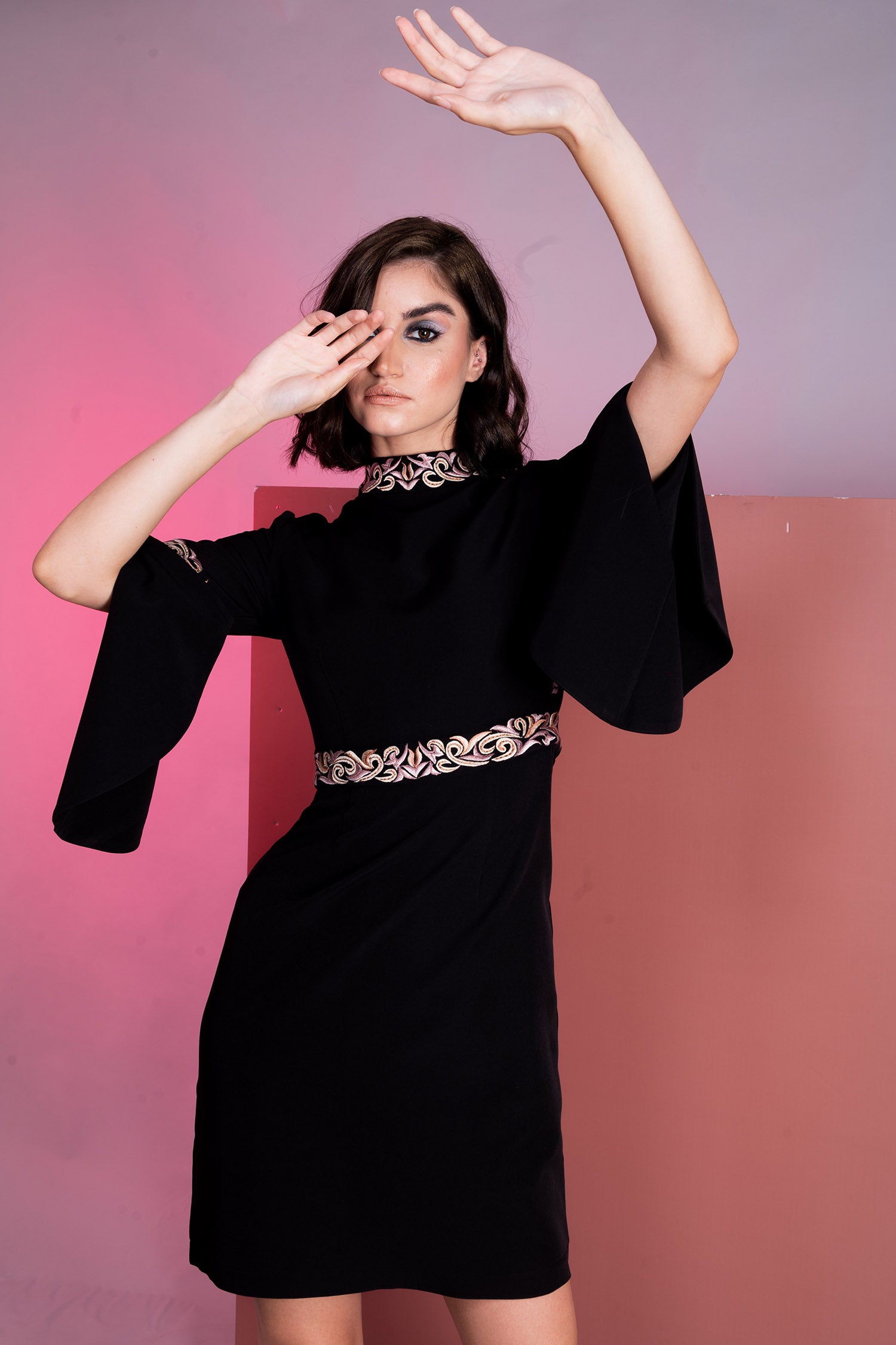Black Embroidery Band Collar Cape Sleeve Dress