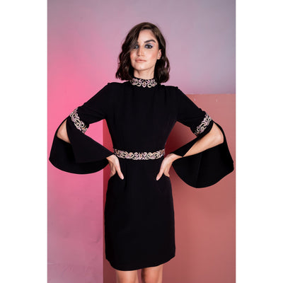 Sahiba Kaur in Black Embroidery Band Collar Cape Sleeve Dress