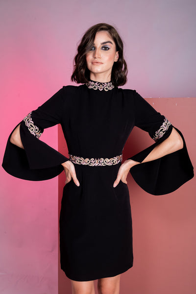 Black Embroidery Band Collar Cape Sleeve Dress