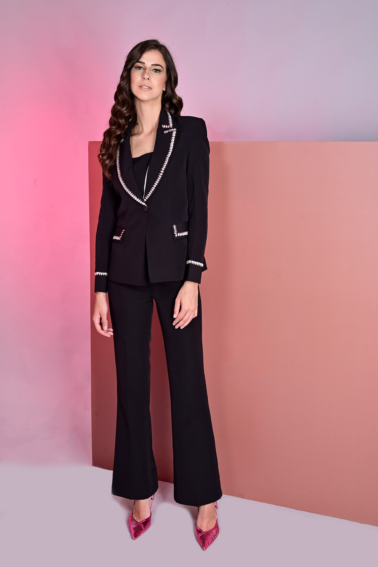 Black Embroidered Blazer With Crop Top And Flared Pants – Semya by Shivani
