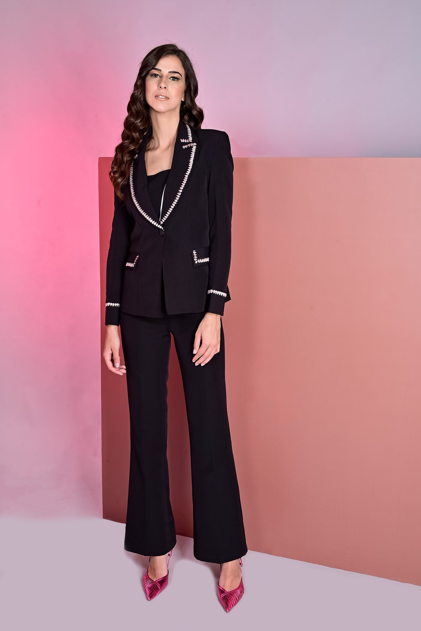 Petal Embroidered Black Blazer With Crop Top and Flared Pants