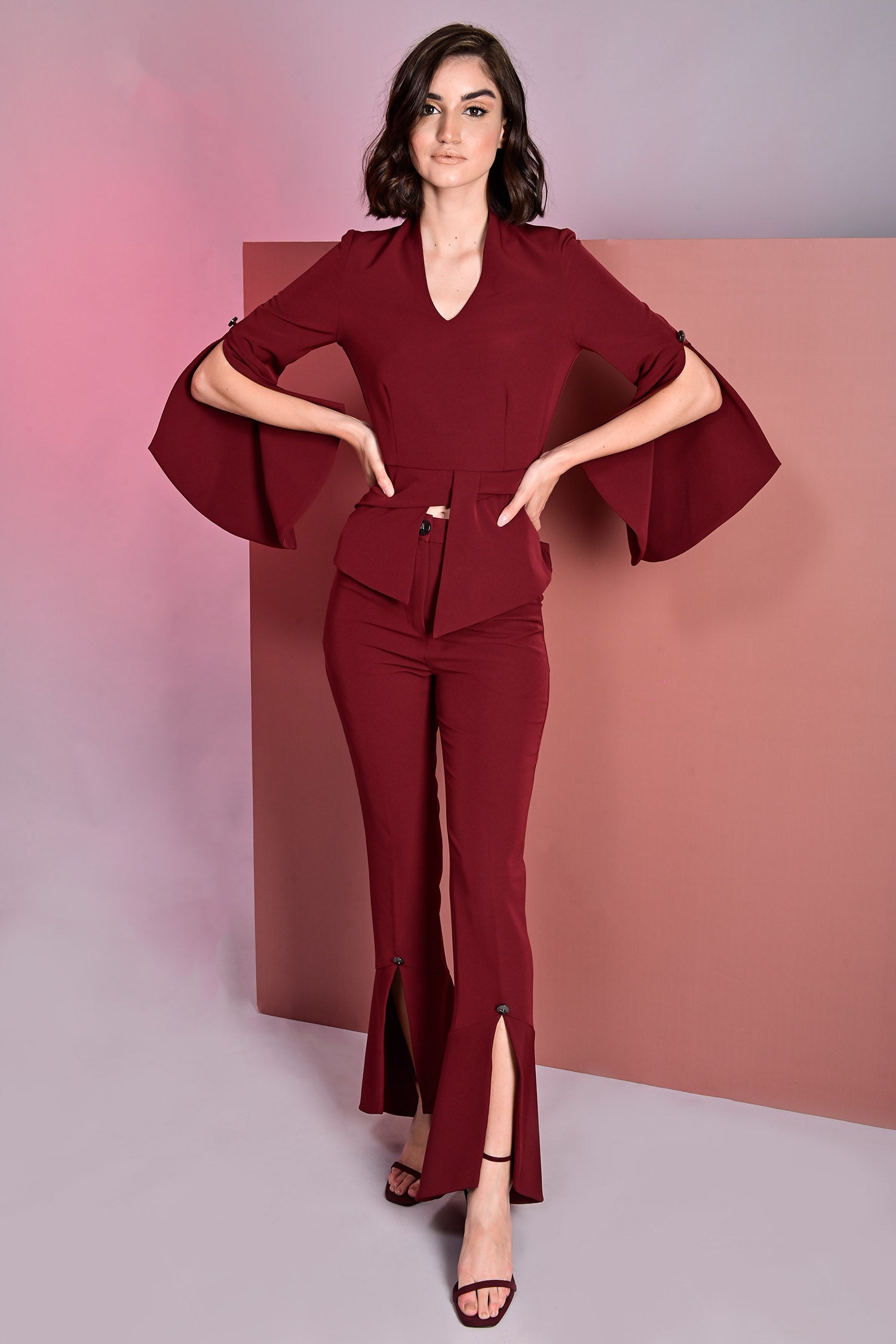 Sanguine Cape Sleeves Top With Trousers