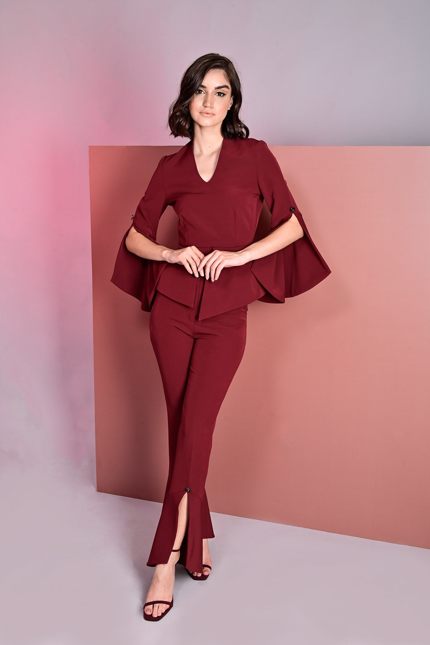 Sanguine Cape Sleeves Top With Trousers