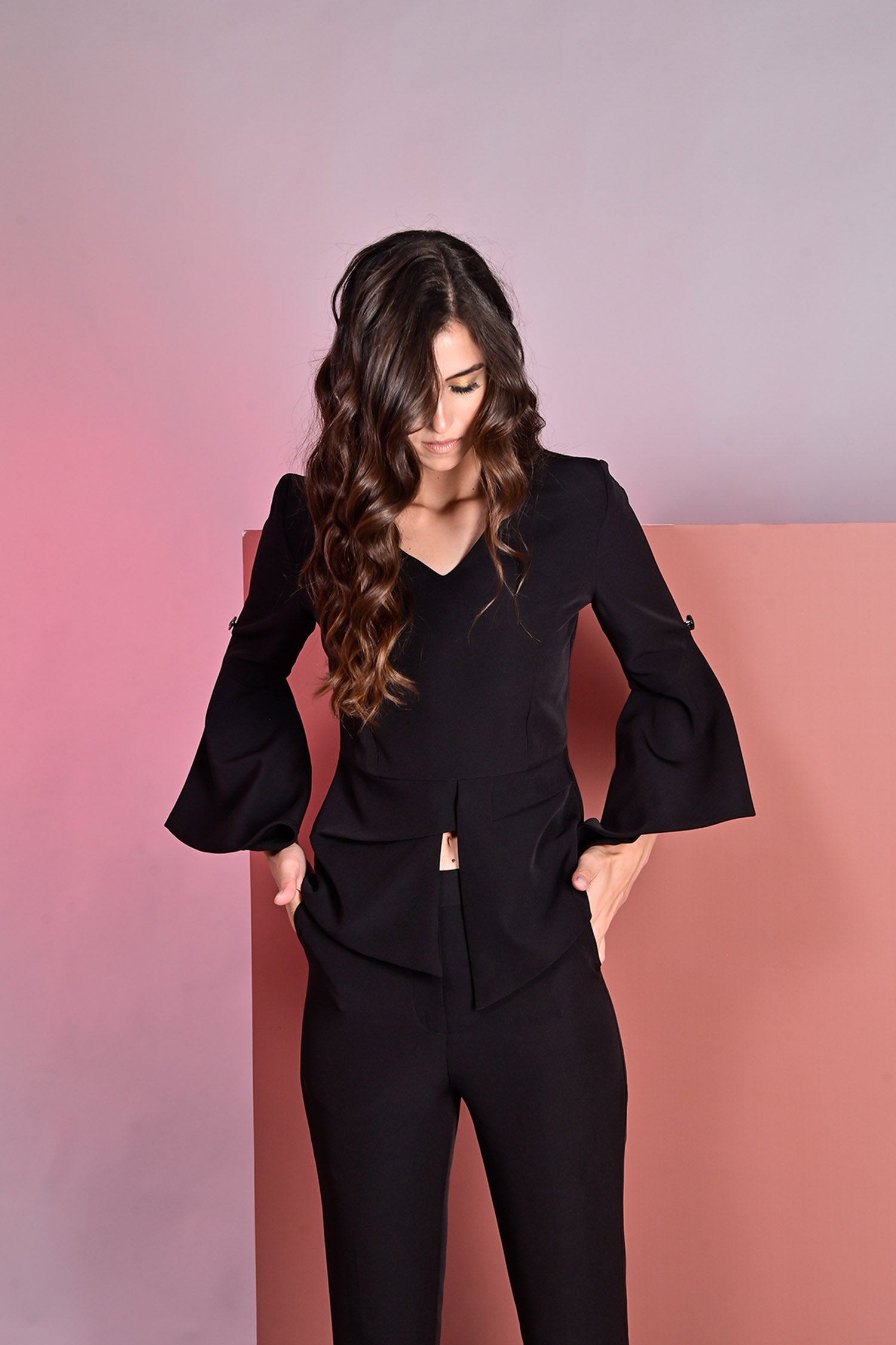 Black Cape Sleeves Top With Trousers