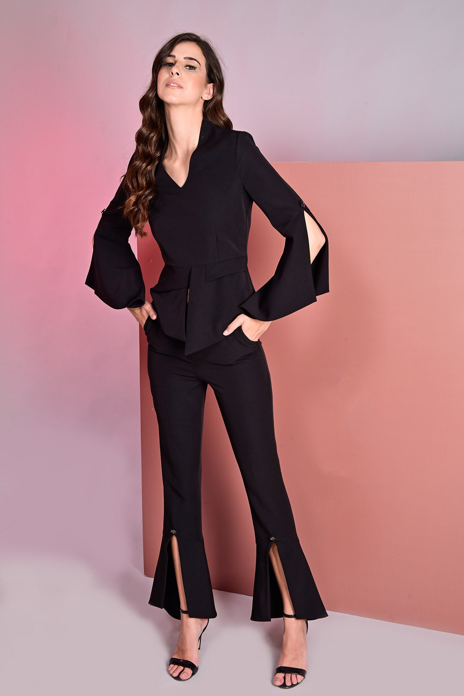 Black Cape Sleeves Top With Trousers