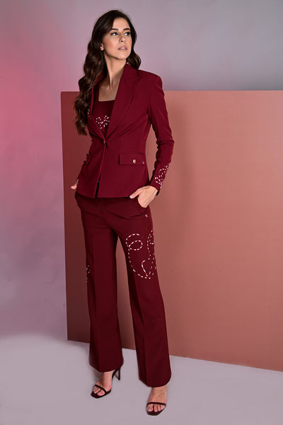 Sanguine Embroidered Blazer With Crop Top And Flared Pants