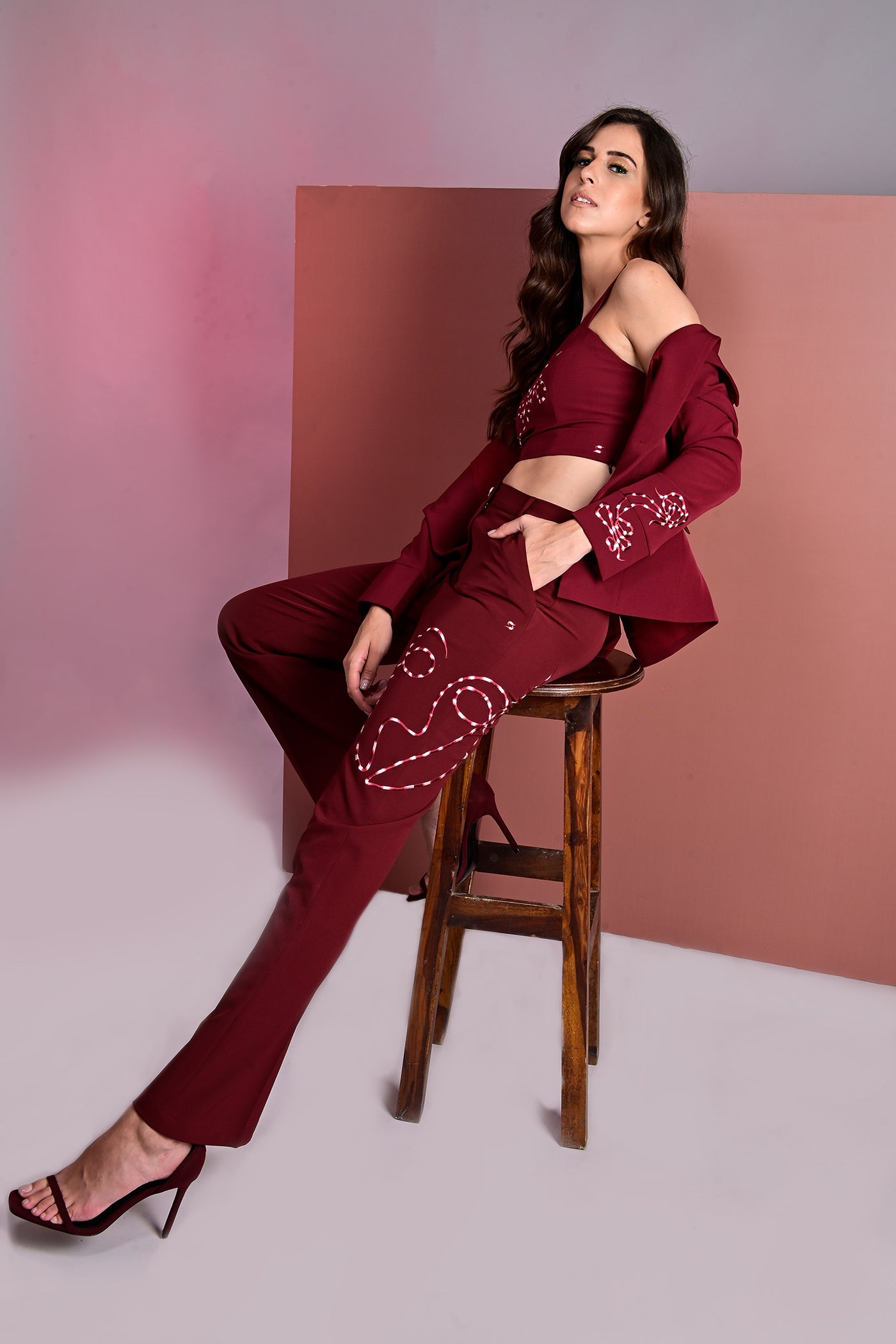 Sanguine Embroidered Blazer With Crop Top And Flared Pants