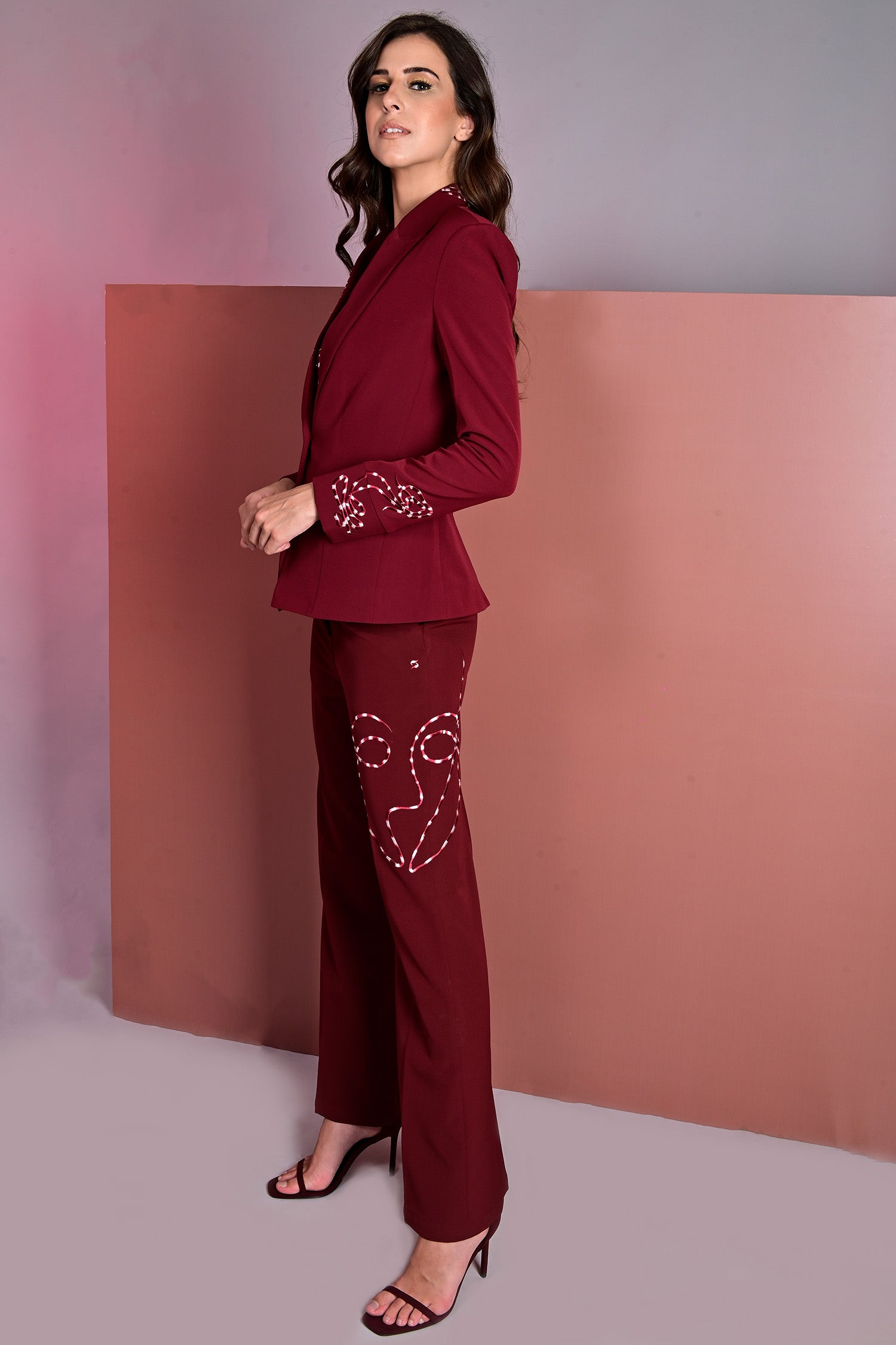 Sanguine Embroidered Blazer With Crop Top And Flared Pants