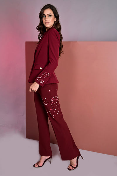 Sanguine Embroidered Blazer With Crop Top And Flared Pants