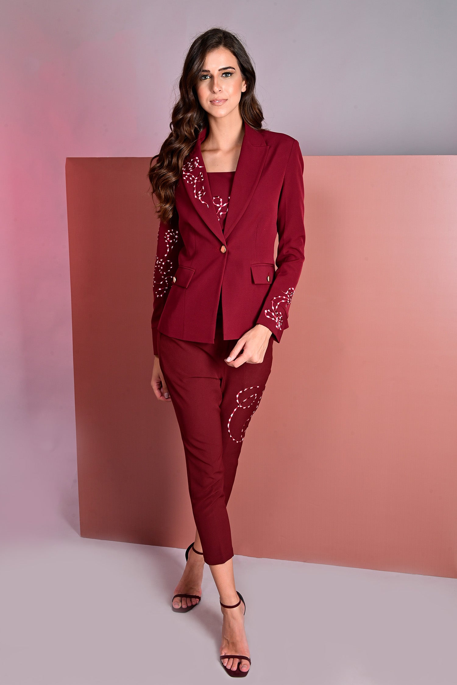Sanguine Embroidered Blazer With Crop Top And Slim Fit Pants