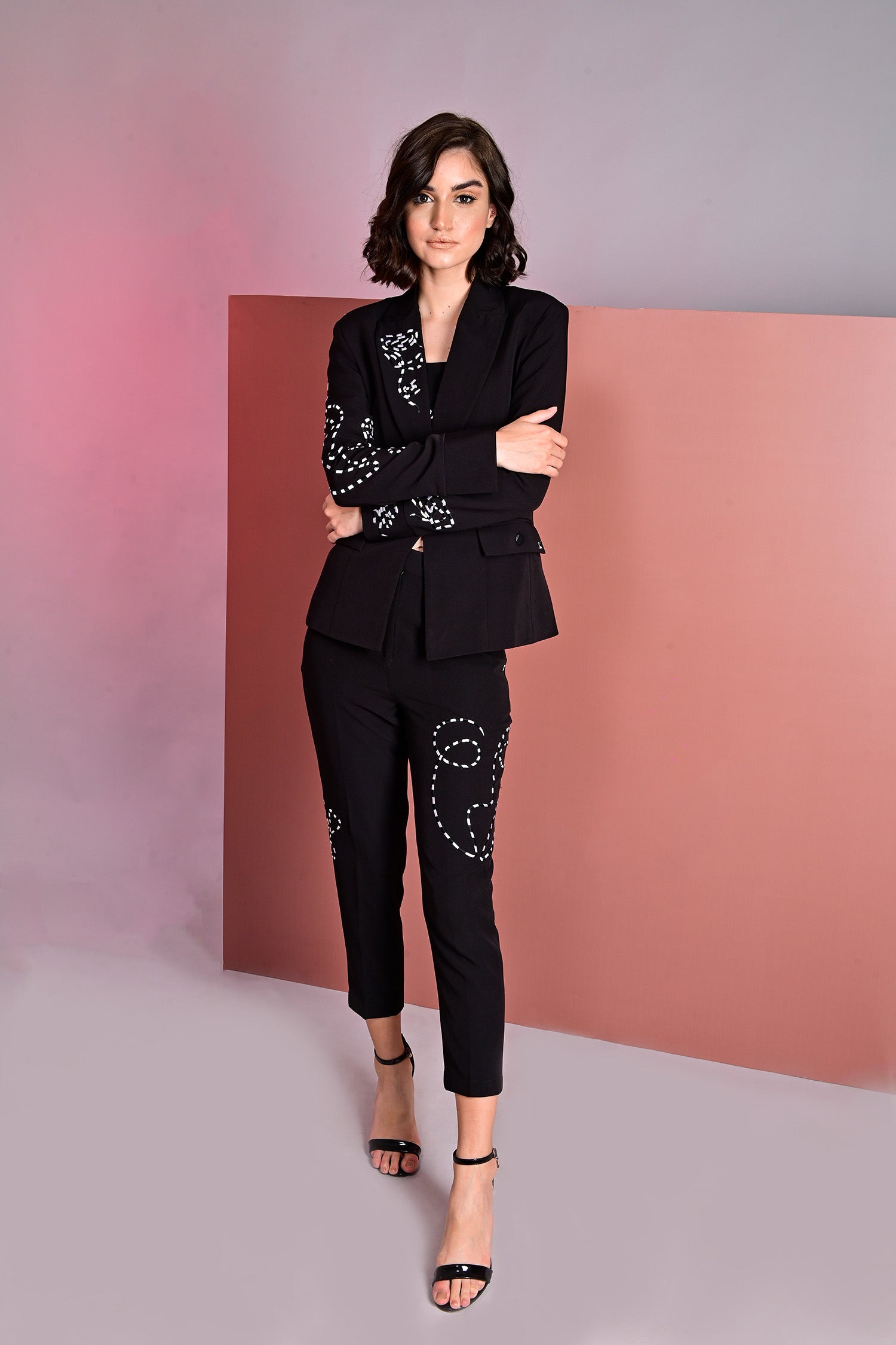 Black Embroidered Blazer With Crop Top And Slim Fit Pants