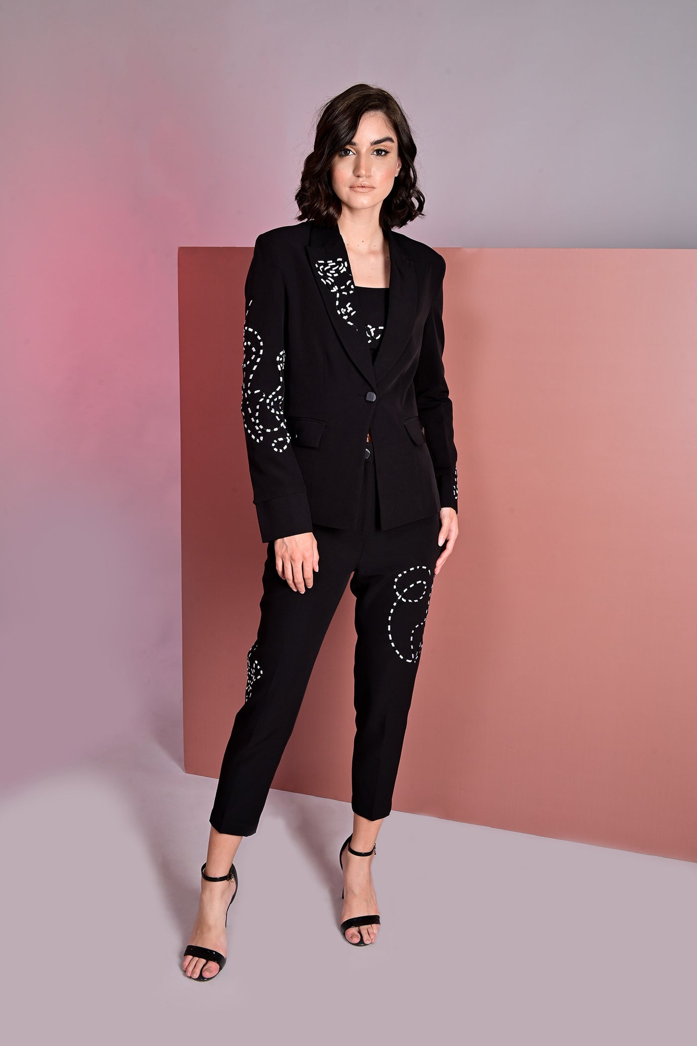 Black Embroidered Blazer With Crop Top And Slim Fit Pants