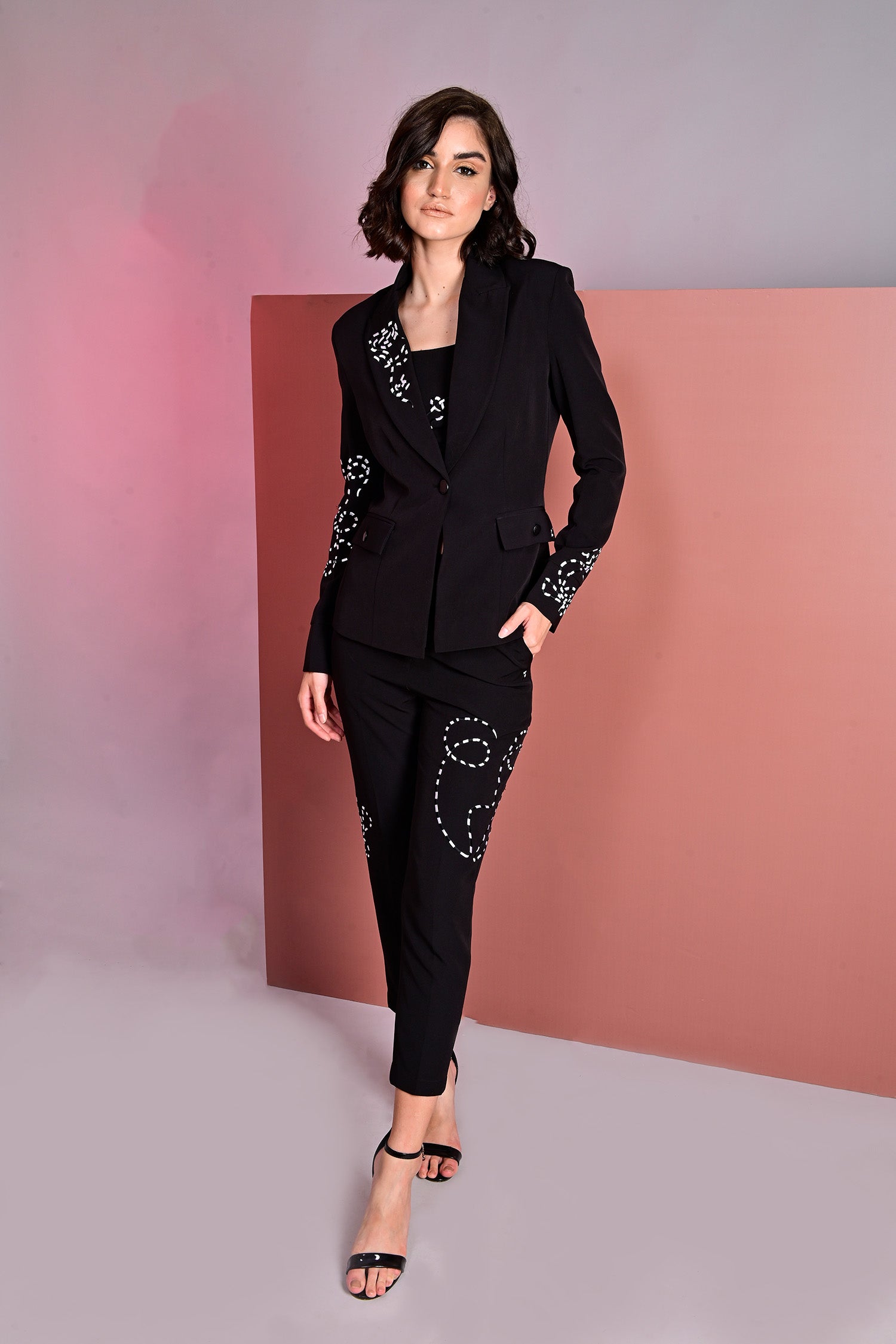 Black Embroidered Blazer With Crop Top And Slim Fit Pants