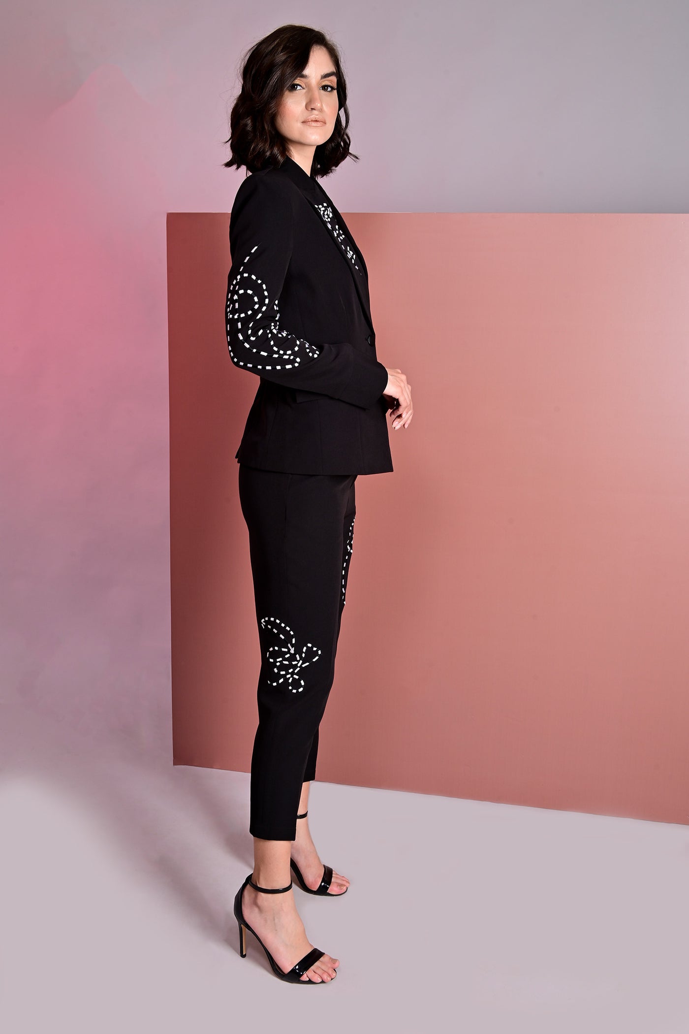 Black Embroidered Blazer With Crop Top And Slim Fit Pants