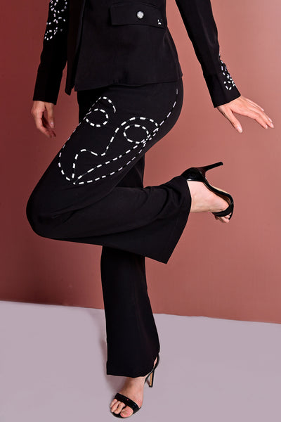 Black Embroidered Flared High Waist Trousers