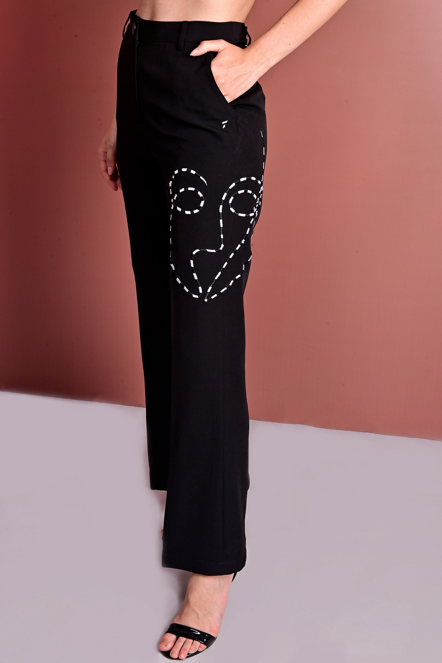 Black Embroidered Flared High Waist Trousers