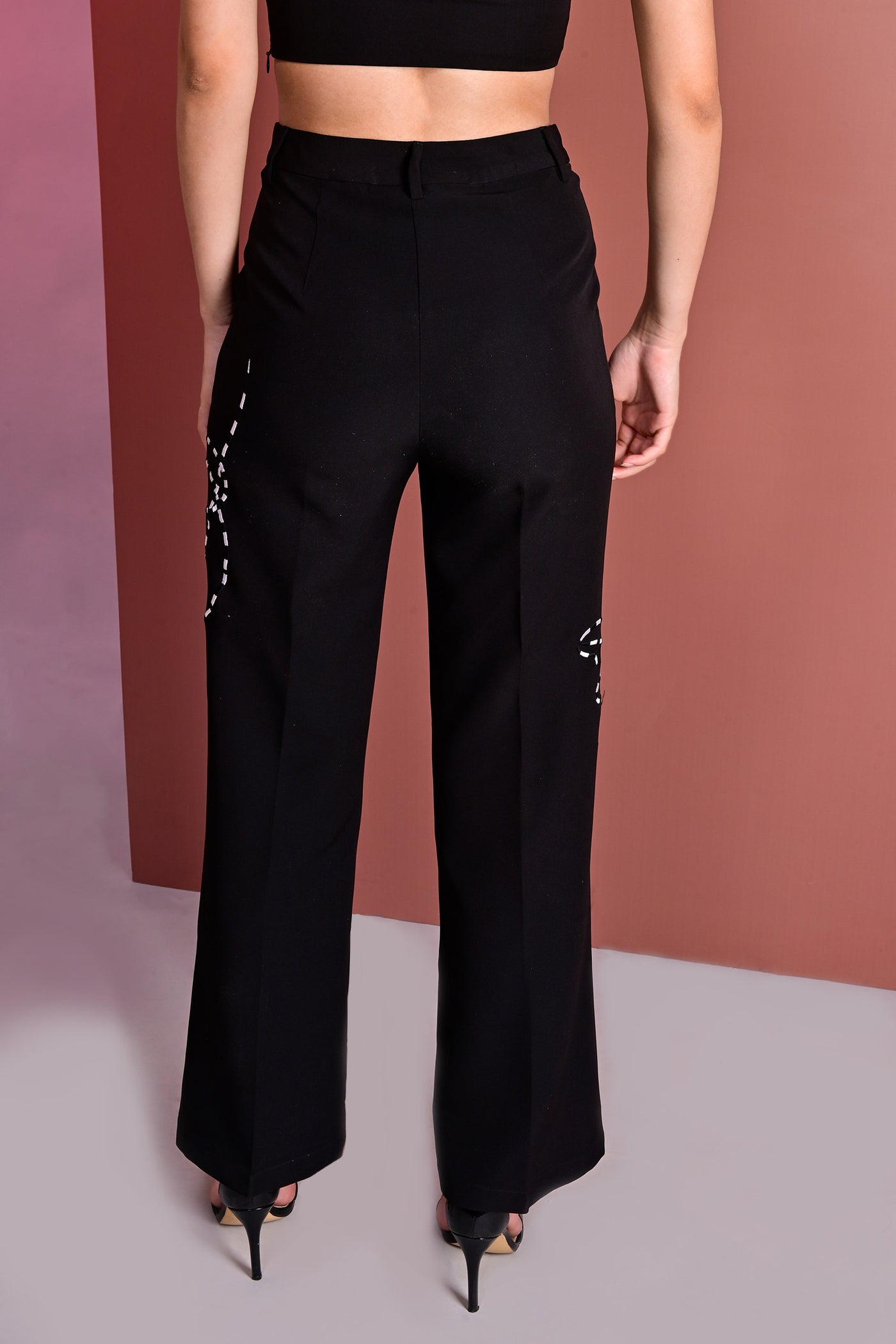 Black Embroidered Flared High Waist Trousers