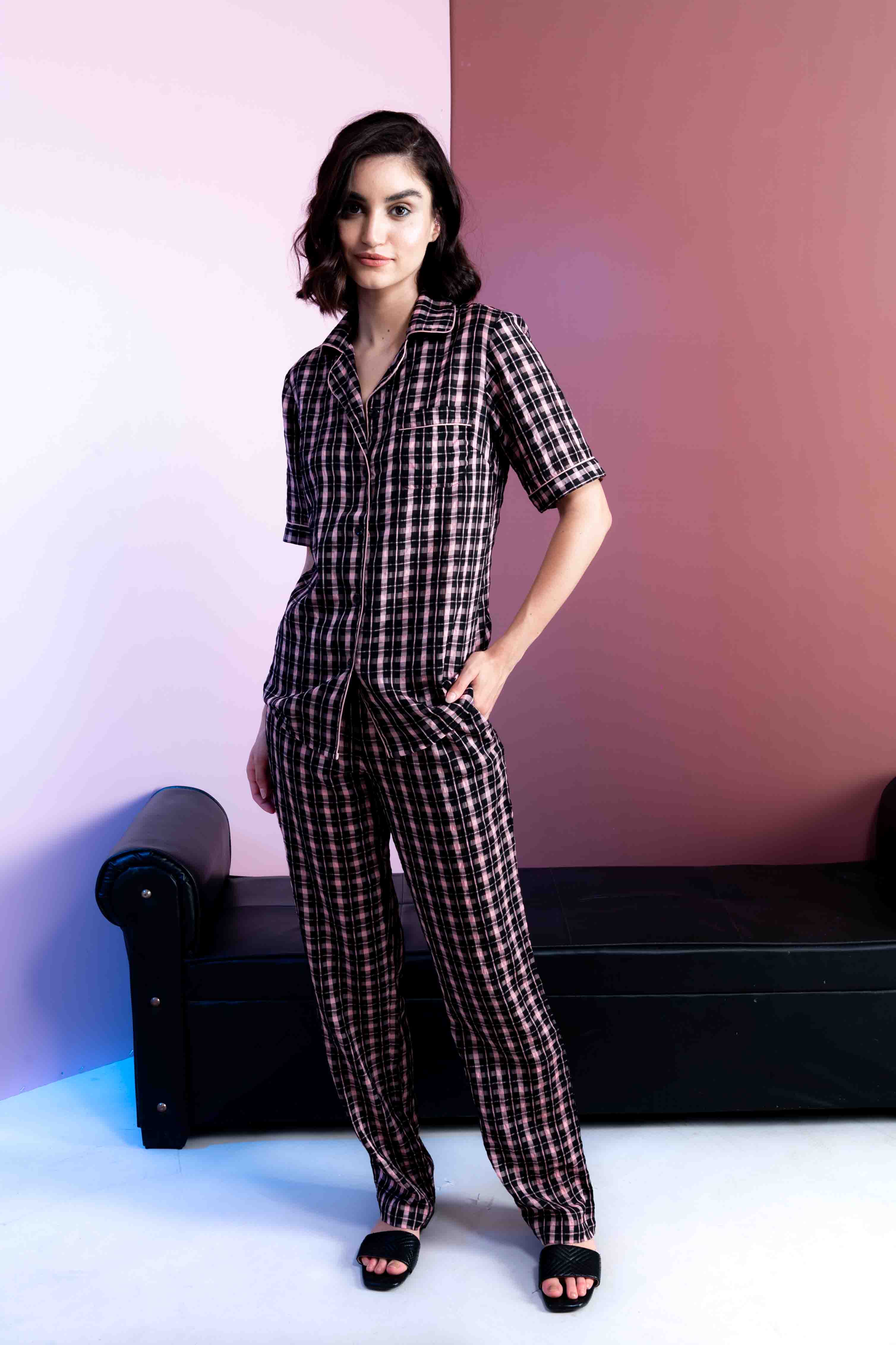 Gingham Charm Half Sleeves Pajama Set