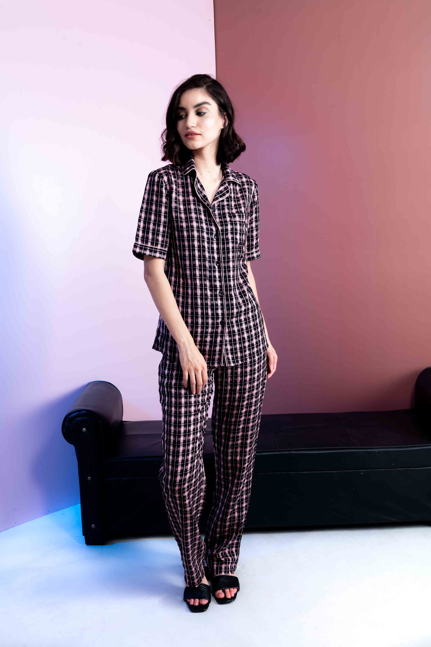 Gingham Charm Half Sleeves Pajama Set