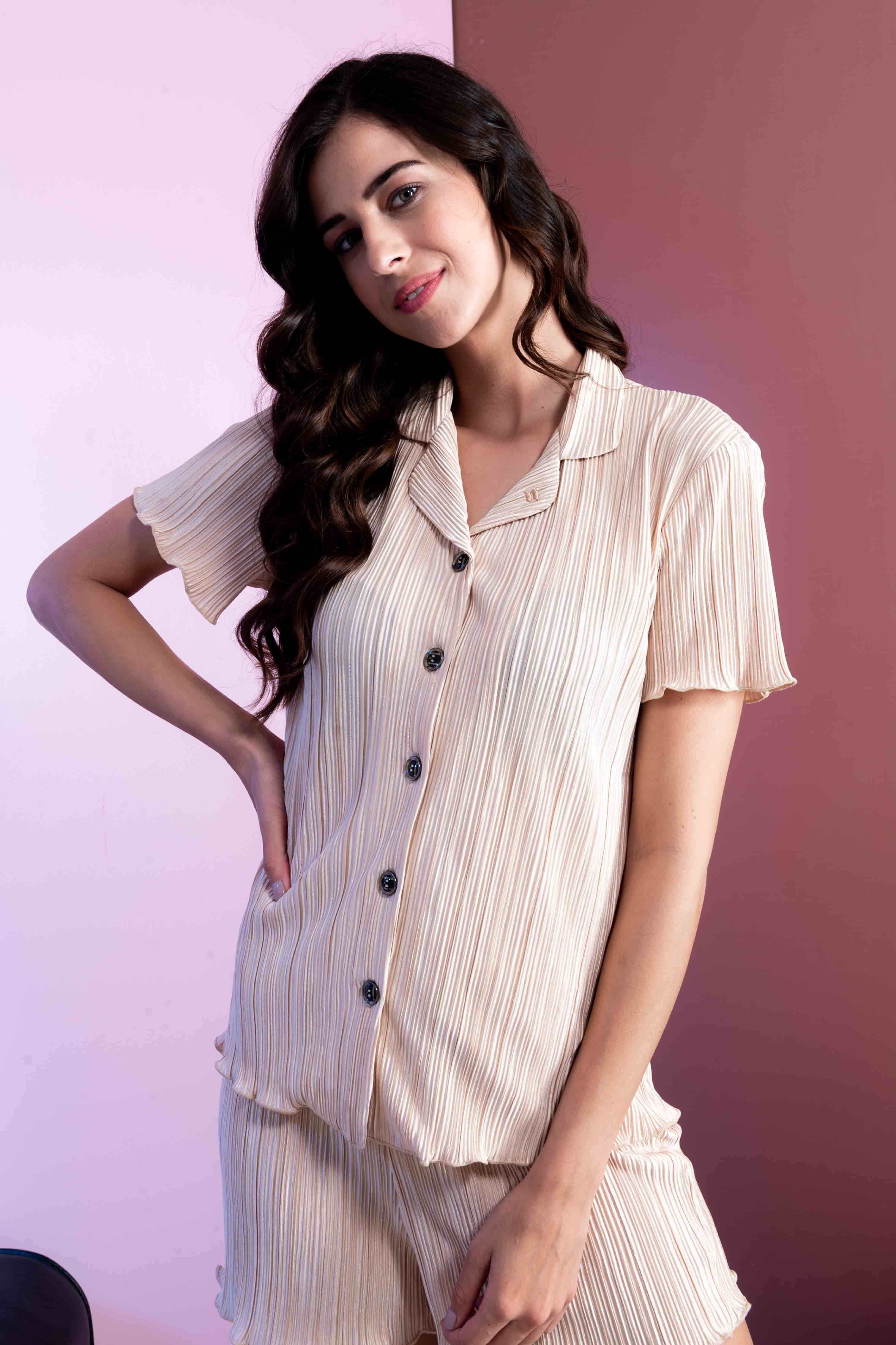 Apricot Crinkled Half Sleeves Shirt With Shorts