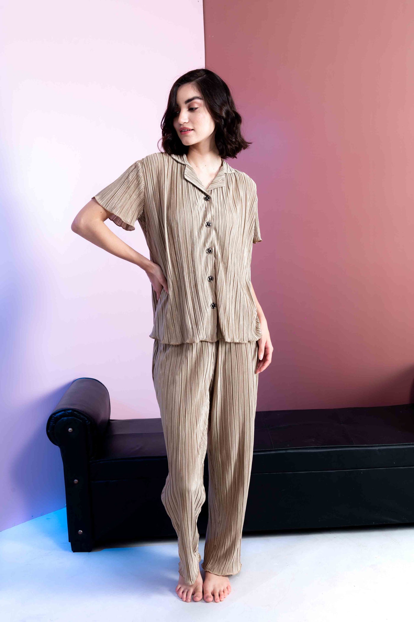 Bourbon Crinkled Half Sleeves Shirt With Pajama