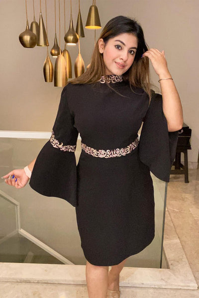 Sahiba Kaur in Black Embroidery Band Collar Cape Sleeve Dress