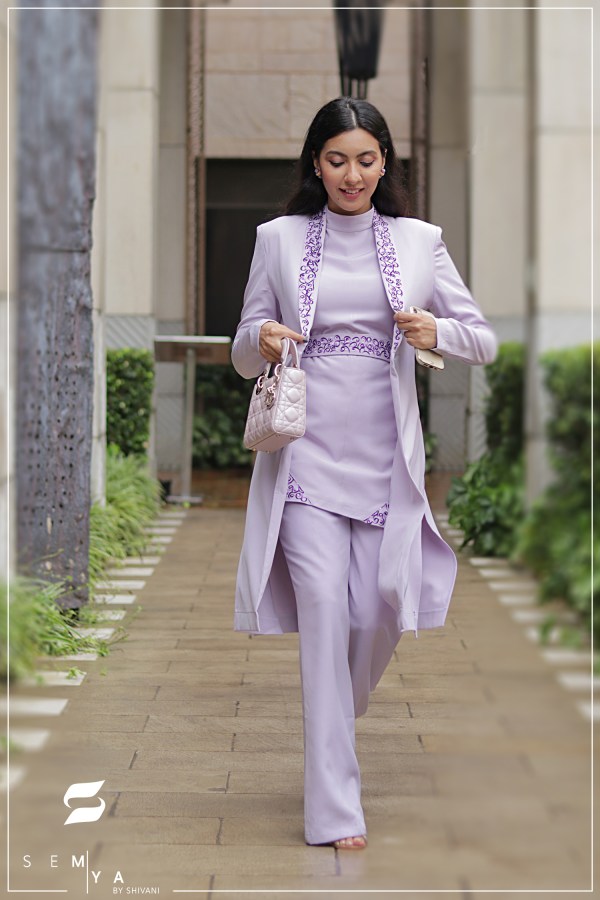 Niki Mehra in Long Embroidered French Lilac Slit Blazer With Top And Pants